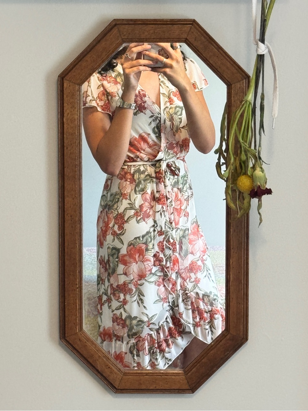 Cream and Coral Floral Wrap Midi Dress